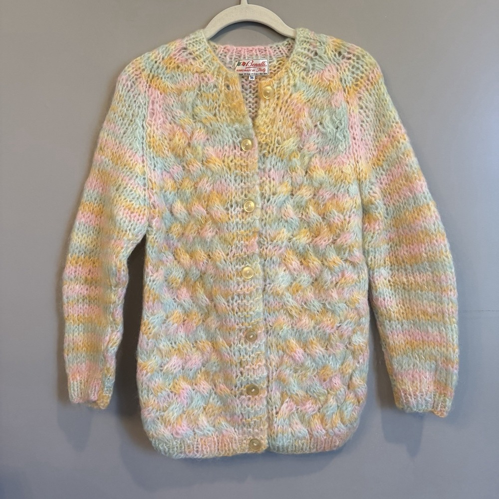 Vintage Benatti Italian Cardigan Sweater Wool Mohair Rare 1950/1960 Rainbow Med